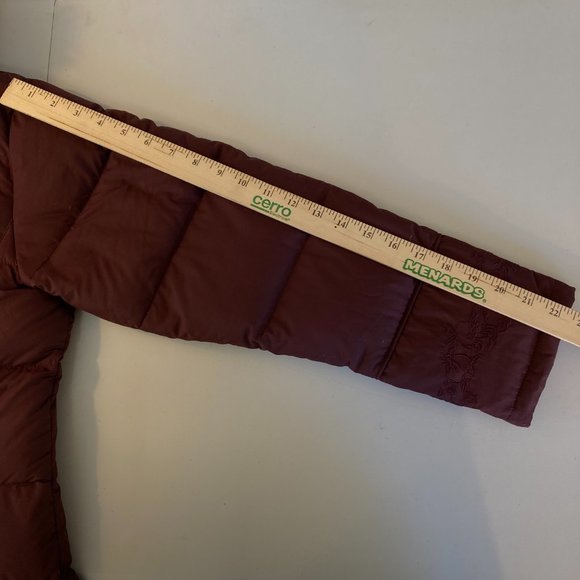 Down Puffer Jacket  Maroon Burgundy Embroidered Coat with Fur Trim - Picture 11 of 15